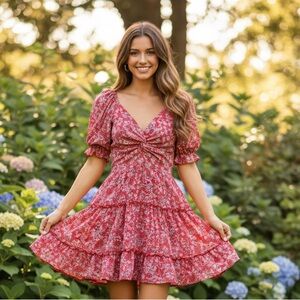 Cottagecore Boho Women's Red Floral Print Dress Short Sleeve Stretchy Summer M
